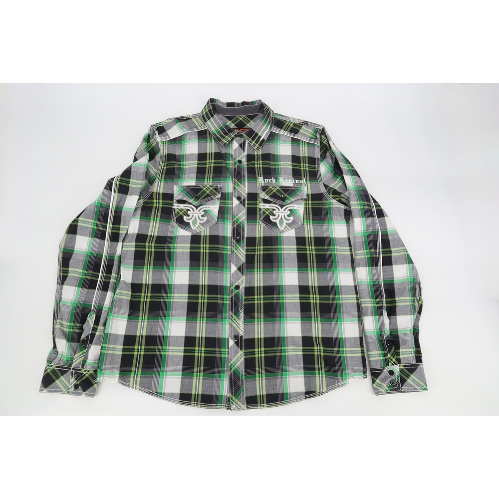 Rock Revival Button Down Shirt Mens Large Green Plaid Contrast Stitch BLE002 - Picture 2 of 11